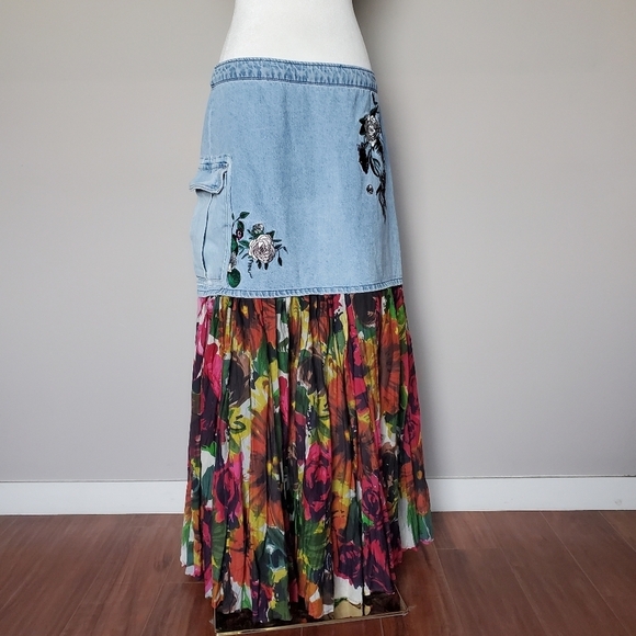 Upcycled H&M X Coachella Boho Cottagecore Embroidered Floral Denim Maxi Skirt - Picture 11 of 14
